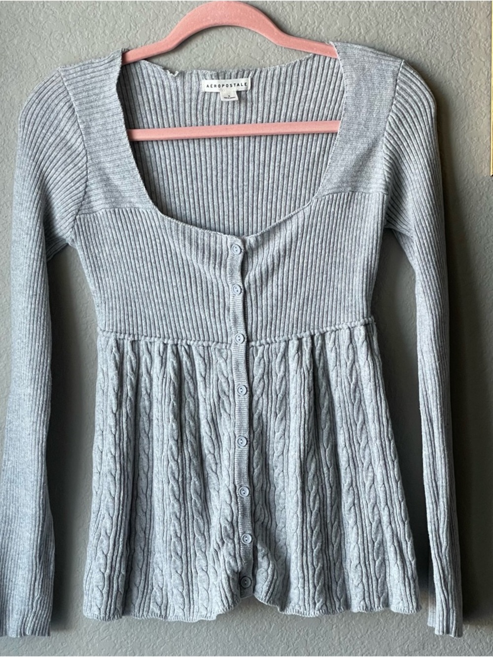 Aeropostale Gray Cable Square-Neck Babydoll Sweater